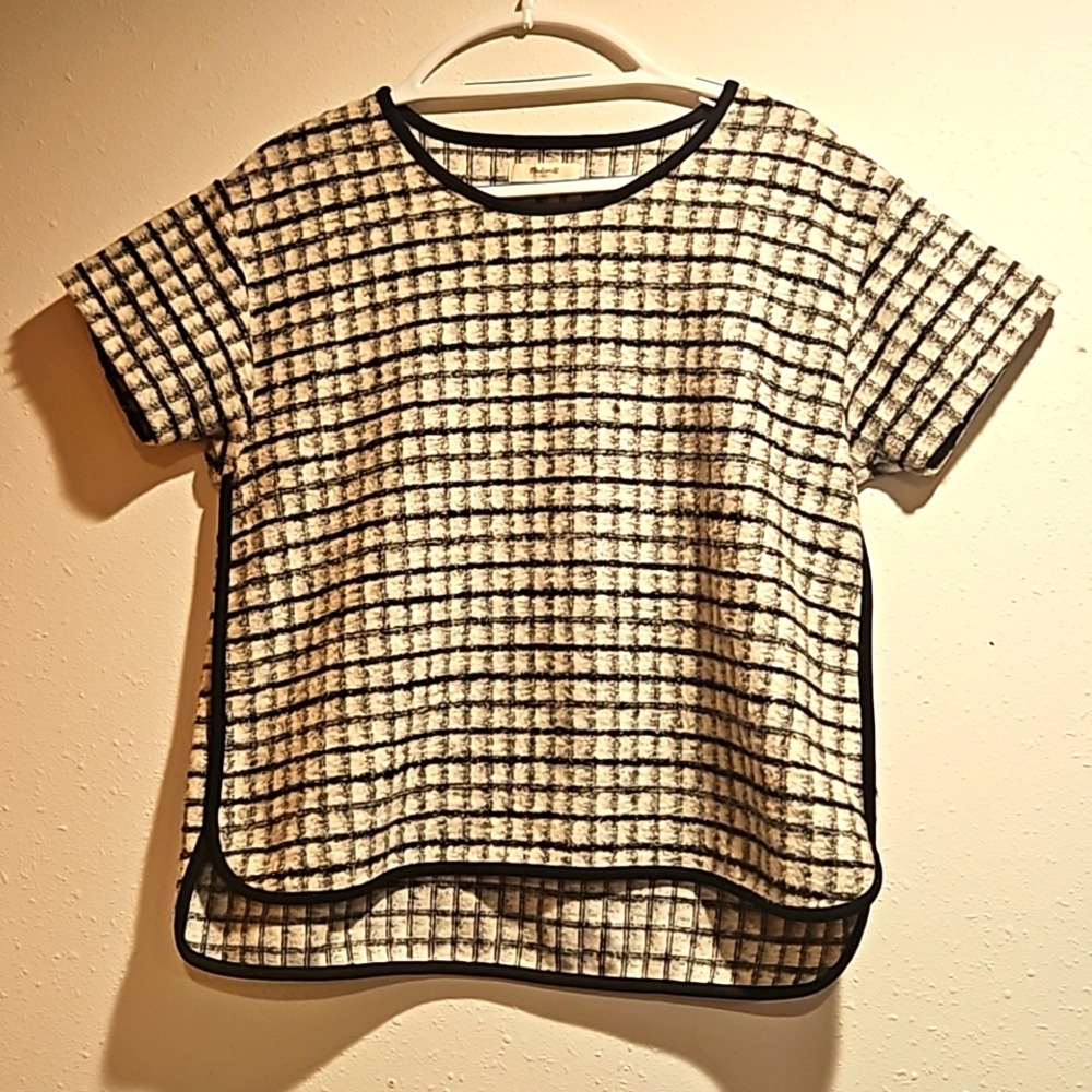 Wool Madewell high low short sleeve buffalo  check top sz.M